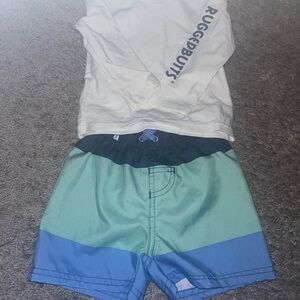 RuggedButts Kids Swim Rashguard Set - White and Blue